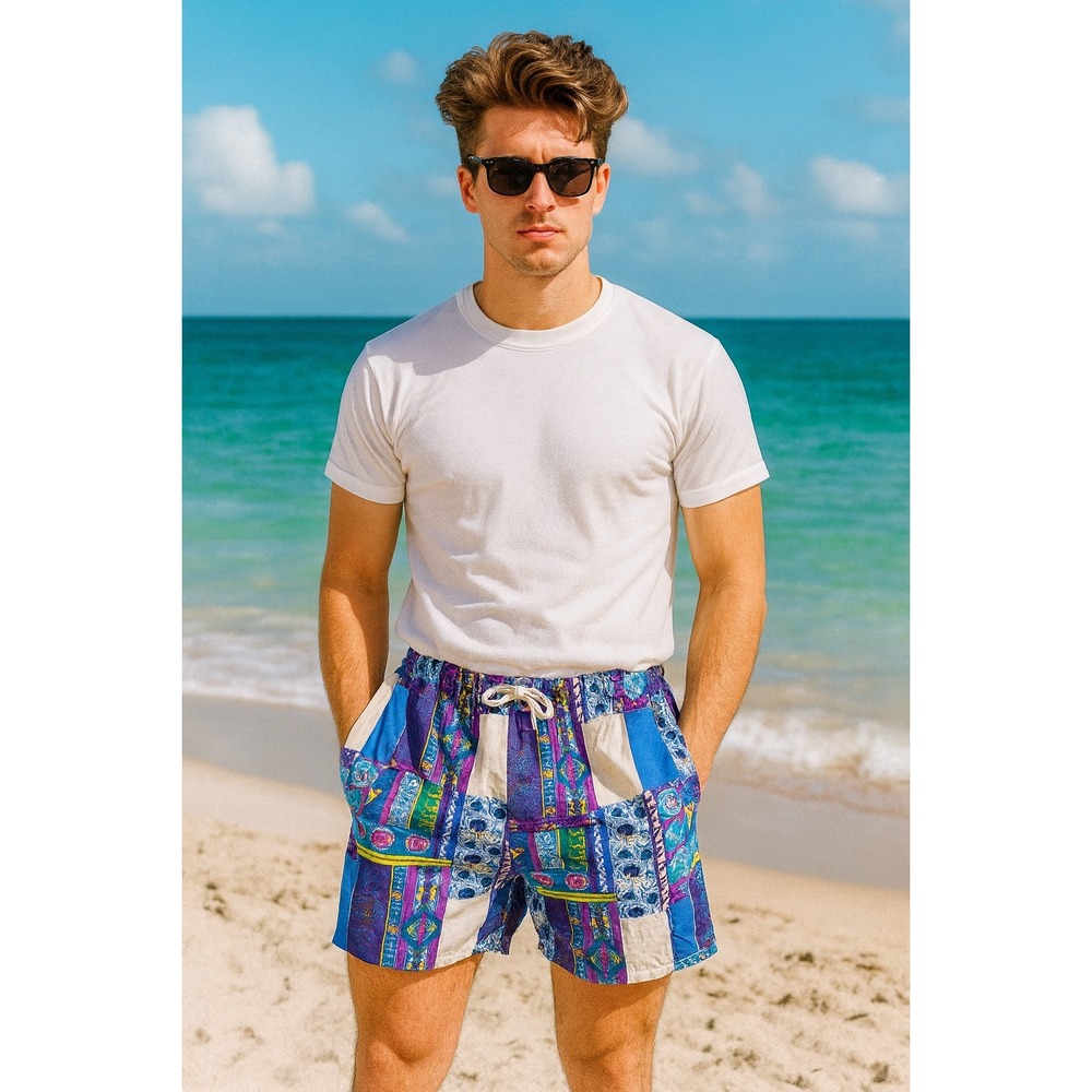 MTO Surf Mens Shorts‎ Large Blue Floral Elastic Waist Swim Surf Trunks Beach Vtg